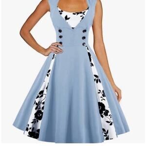 KillReal 1950s Inspired Retro Blue Dress Black & White Floral Side Zip Size S